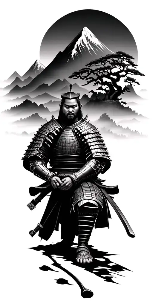 realistic samurai in armor kneeling and mediating with mountains and cherry tree in background tattoo in black and grey  tattoo design idea