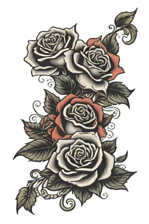 Flower vine with roses, Jacqueline, Justin, Mia and Micah tattoo design idea