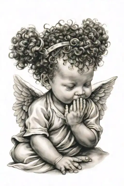 A curly-haired baby angel praying with his fingers crossed and eyes closed tattoo design idea