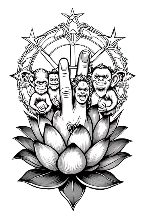 Lotus flower with a finger peace sign on the top. Stars around, family symbol and three wise monkeys   tattoo design idea
