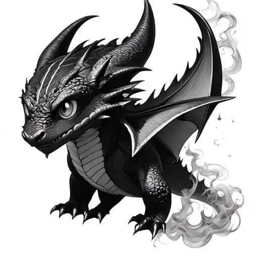 Toothless, from How To Train Your Dragon, but represented as a swirling smoke tattoo design idea