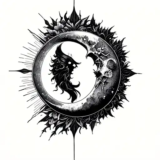 Albedo blackwork tattoo, high contrast with lots of negative space: crescent moon with halo above a minimal alchemical c tattoo design idea