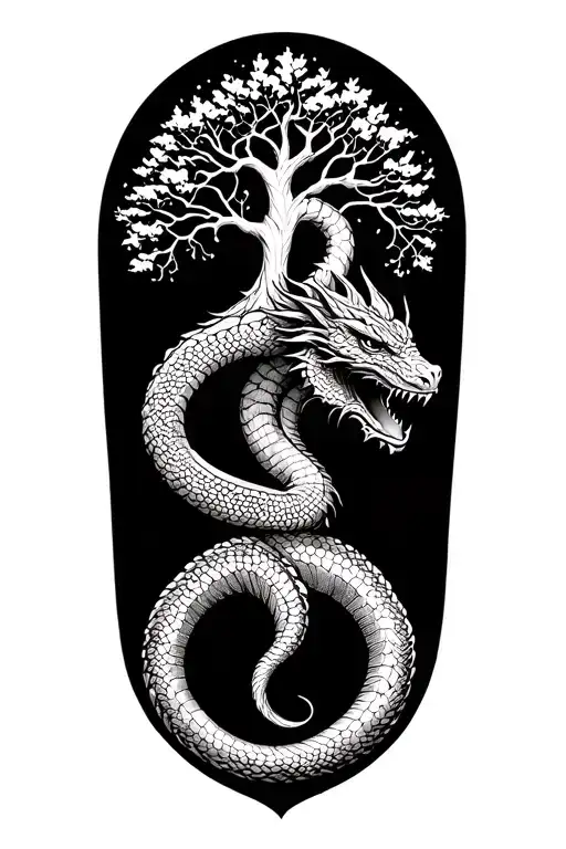 Nordic Viking tattoo, Yggdrasil (tree of life) centered, surrounded by a serpent/dragon biting its own tail (Ouroboros) tattoo design idea