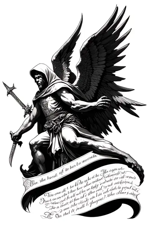 hooded archangel with symmetrical wings defeating devil with sword with short bible verse written beneath tattoo design idea