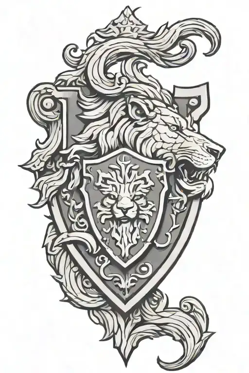 medieval shield with a lions face tattoo design idea