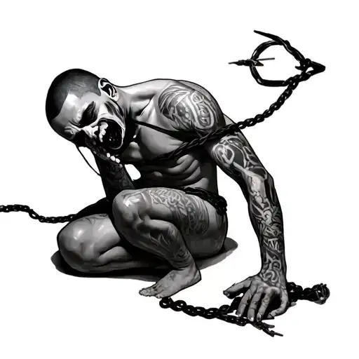 BDSM, a naked tattoved skavin that is tied up and has a gag in his mouth tattoo design idea