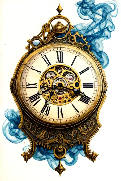 antique clocks with smoke and metal gears tattoo design idea