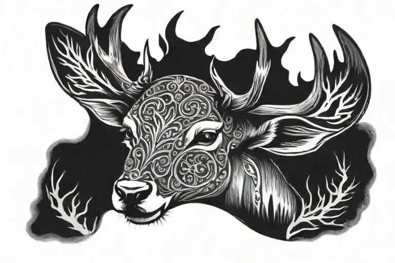 compas deer head profile holding tattoo design idea