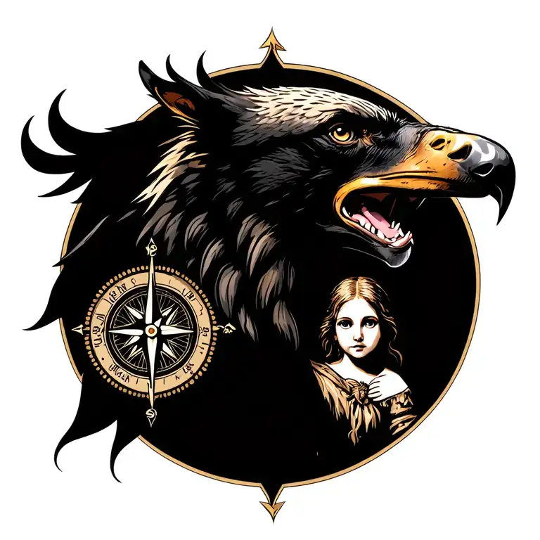 an eagle head and, from Doberman, with a compass and a woman and her child tattoo design idea