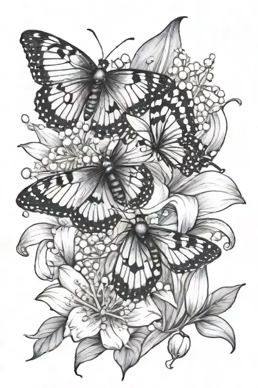ladybugs, butterfly, lily of the valley, narcisus flower tattoo design idea