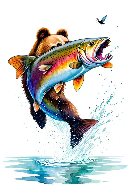 rainbow trout jumping to eat fly with water and nature scenery. bear with fish in mouth.  tattoo design idea