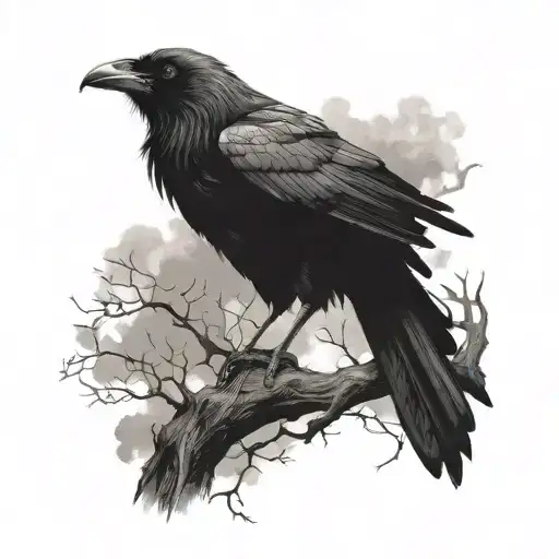 A hauntingly beautiful raven perched on a tree branch surrounded by swirling mist tattoo design idea