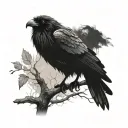 A hauntingly beautiful raven perched on a tree branch surrounded by swirling mist tattoo design idea