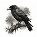 A hauntingly beautiful raven perched on a tree branch surrounded by swirling mist tattoo design idea
