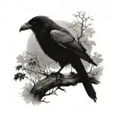 A hauntingly beautiful raven perched on a tree branch surrounded by swirling mist tattoo design idea