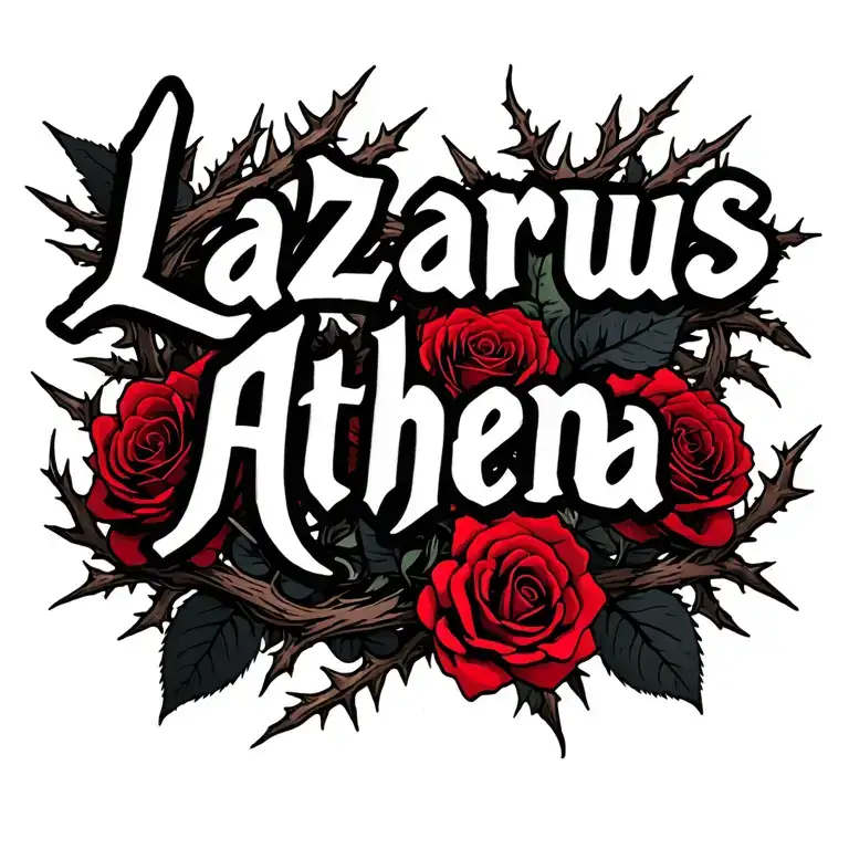 the name "Lazarus Athena" in gothic cursive with thorns wrapped around the letters and black and red roses behind it tattoo design idea