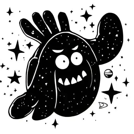 high five ghost from the tv show regular show. he is outer space and surrounding by stars and planets  tattoo design idea