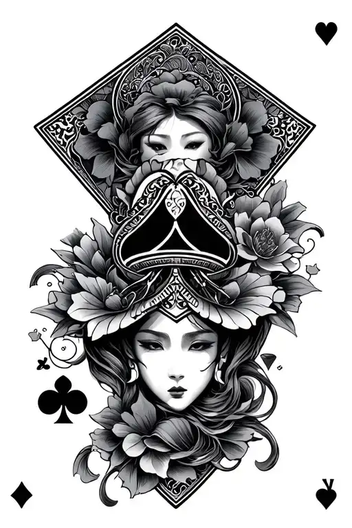 Japanese style throat tattoo with playing cards suits tattoo design idea