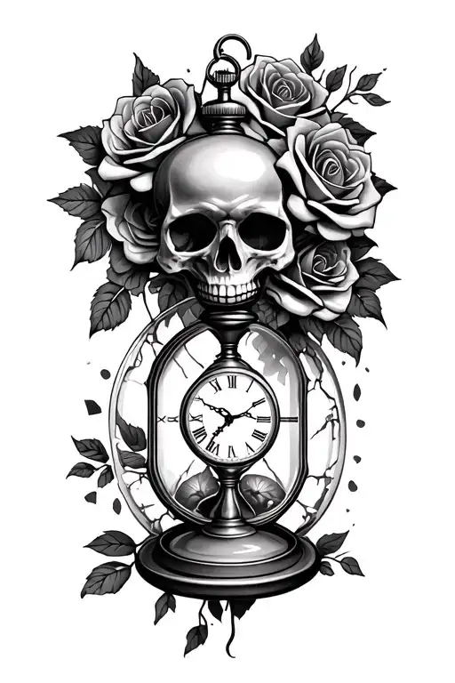skull, roses, hour glass broken pocket watch tattoo design idea