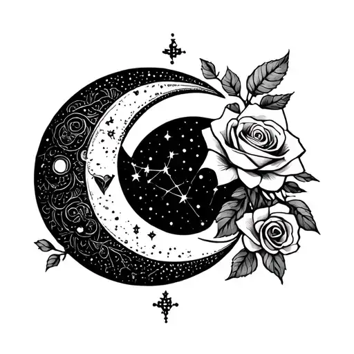 A romantic tattoo of crescent moons and roses intertwined with constellations, representing love stories and soulmates. tattoo design idea