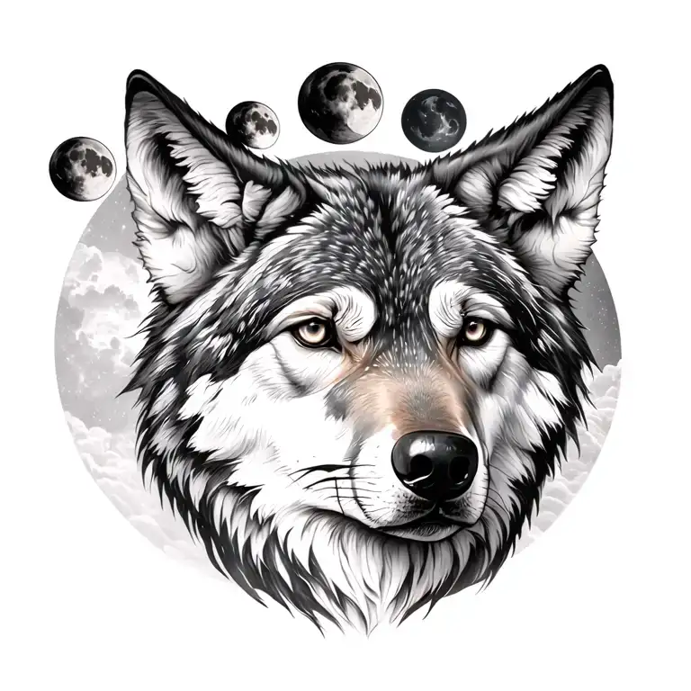 5 lunar phases on my upper back and in the middle of my back a wolf’s face staring forward with a loyal stare tattoo design idea