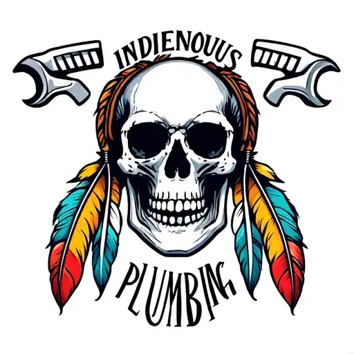 "Indigenous Plumbing " skull native feathers and wrench  tattoo design idea