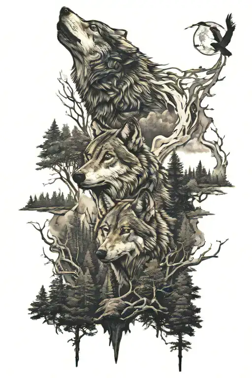 wolf in howling forest scene tattoo design idea