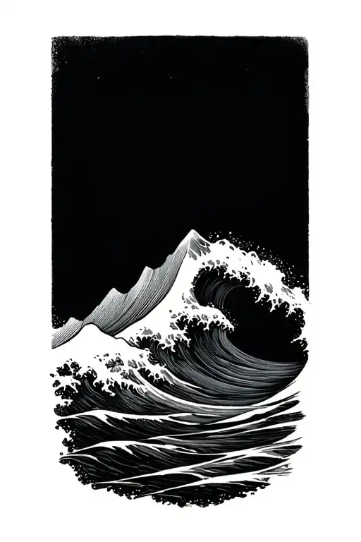single line mountain connected to a wave crashing tattoo design idea