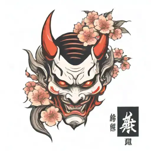 Japanese Demon Mask, Hannya, Cherry Blossom with Falling Petals tattoo design idea