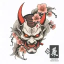 Japanese Demon Mask, Hannya, Cherry Blossom with Falling Petals tattoo design idea