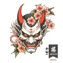Japanese Demon Mask, Hannya, Cherry Blossom with Falling Petals tattoo design idea