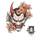 Japanese Demon Mask, Hannya, Cherry Blossom with Falling Petals tattoo design idea