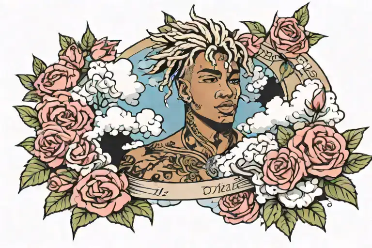 xxx tentacion with roses and clouds surrounding tattoo design idea