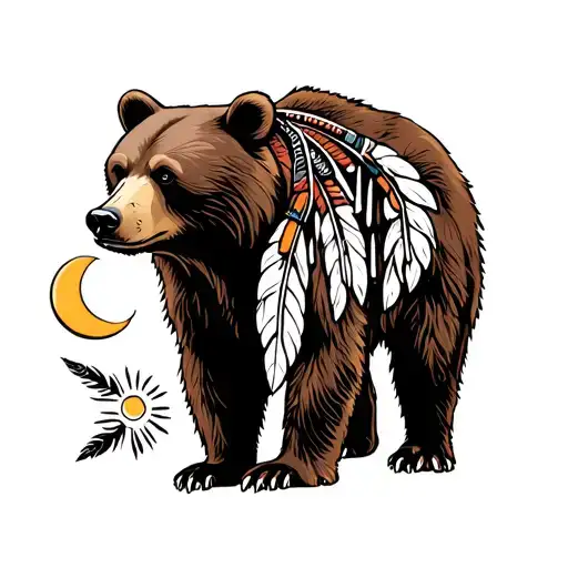 native american brown bear with feathers from sioux and cherokee tribes and sun and a moon tattoo design idea