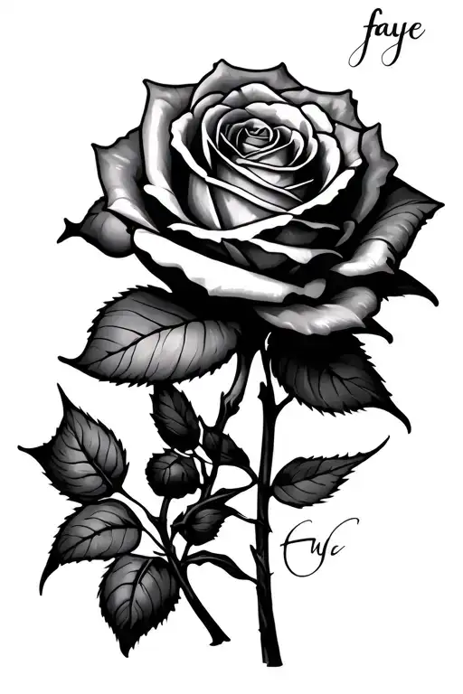 rose on hand with the name faye tattoo design idea