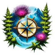Scottish thistle, compass, south mountains (lower portion) to north prairie (middle portion) route, snow, northern light tattoo design idea