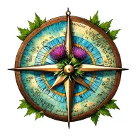 Scottish thistle, compass, south mountains (lower portion) to north prairie (middle portion) route, snow, northern light tattoo design idea