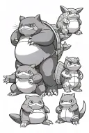 Pokemon characters, snorlax , squirtle, Psyduck, Charmander, bulbasaur tattoo design idea