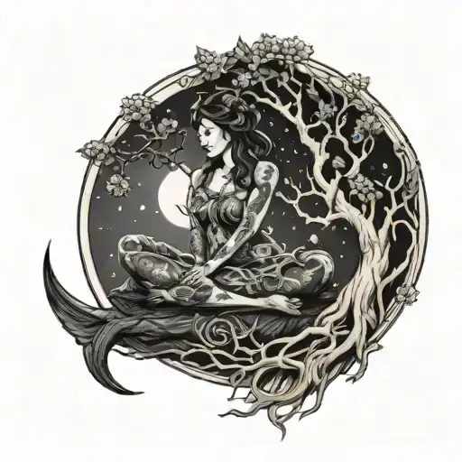 Demon moon goddess sitting under the tree of life intertwined tattoo design idea