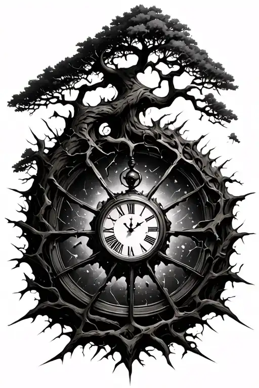 shattered clock in the center of a tree of life as the shattered pieces break off into branches  tattoo design idea