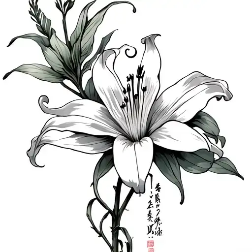 icarus falling with a japanese spider lily flower and momento mori down the stem of the flower tattoo design idea