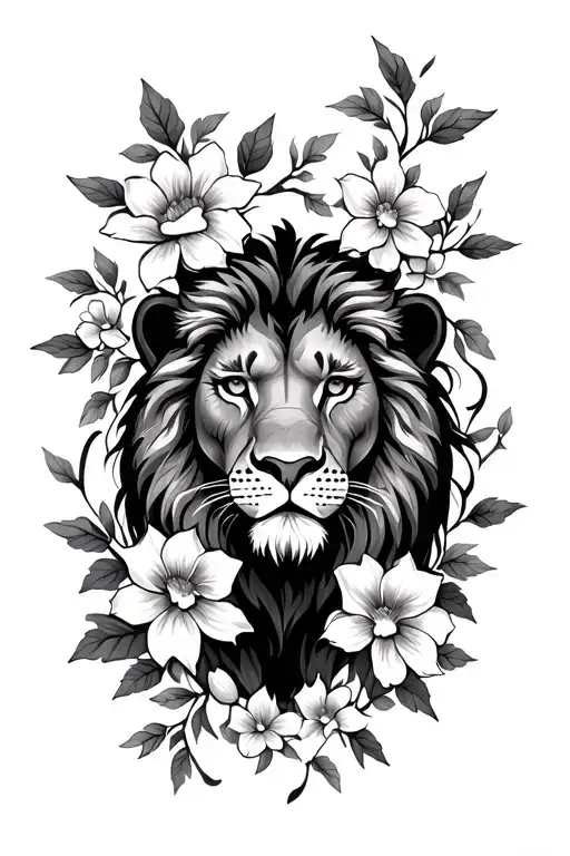 lion  face with flowers around it and vines  tattoo design idea
