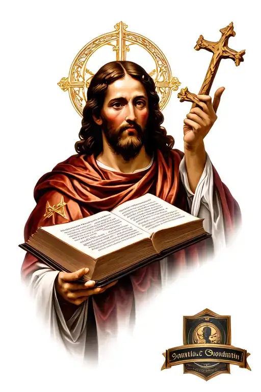 Saint Constantin with bible scripture verses flowing tattoo design idea