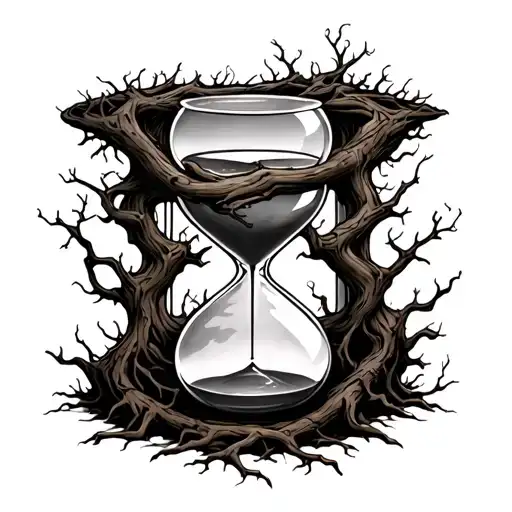 hourglass wrapped with tree roots growing tattoo design idea