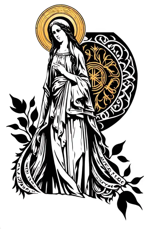 Saint Alessia from Elder Scrolls as a holy figure in church mural art, golden halo, iconic pose, surrounded by intricat tattoo design idea