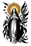 Saint Alessia from Elder Scrolls as a holy figure in church mural art, golden halo, iconic pose, surrounded by intricat tattoo design idea