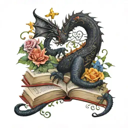 old books black dragon with script, stars, butterflies, flowers and vines curling outward tattoo design idea