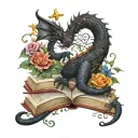 old books black dragon with script, stars, butterflies, flowers and vines curling outward tattoo design idea