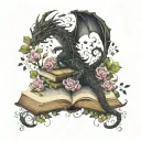 old books black dragon with script, stars, butterflies, flowers and vines curling outward tattoo design idea