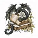 old books black dragon with script, stars, butterflies, flowers and vines curling outward tattoo design idea